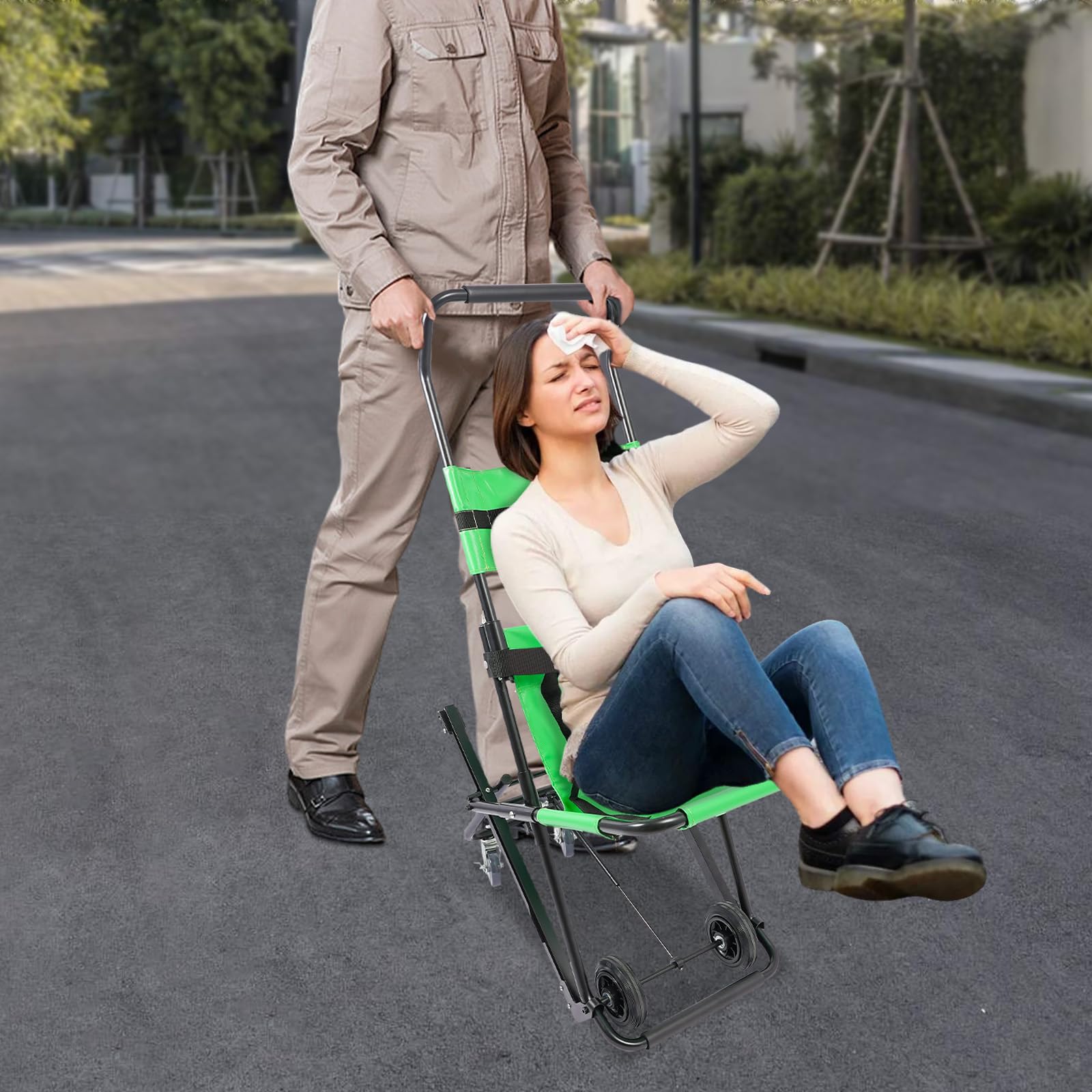 Elevador de escaleras portátil, silla de escalera manual, plegable, hasta 180 kg, silla de ruedas de transporte para adultos, silla de escalera con 4 ruedas, silla de evacuación para