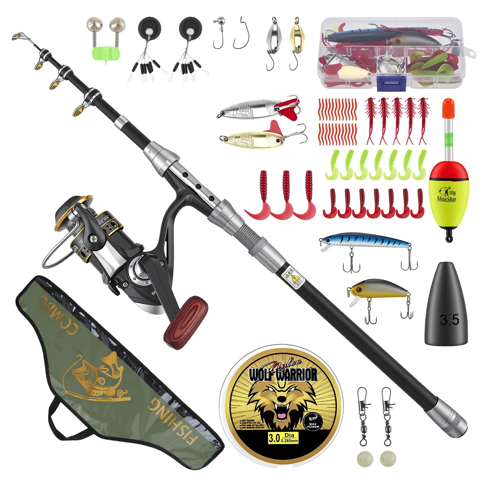 Professional 1.8m Telescopic Fishing Rod and Spinning Reel Combo Set with 100m Line, 53 Pcs Lures Kit & Accessories, Portable Carry Bag for Saltwater Freshwater Fishing