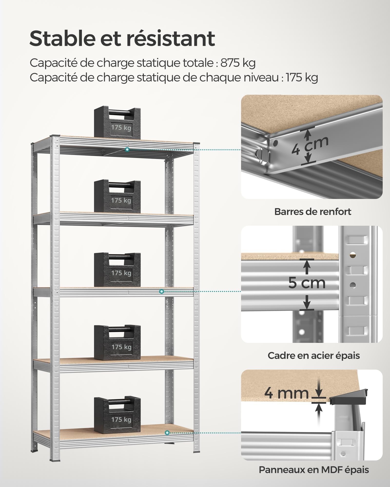 SONGMICS Lot de 2, Étagère de Rangement à 5 Niveaux, 40 x 90 x 180 cm, Capacité 875 kg, Planches Réglables, Style Industriel, pour Cuisine, Salon, Argent GLR040E02