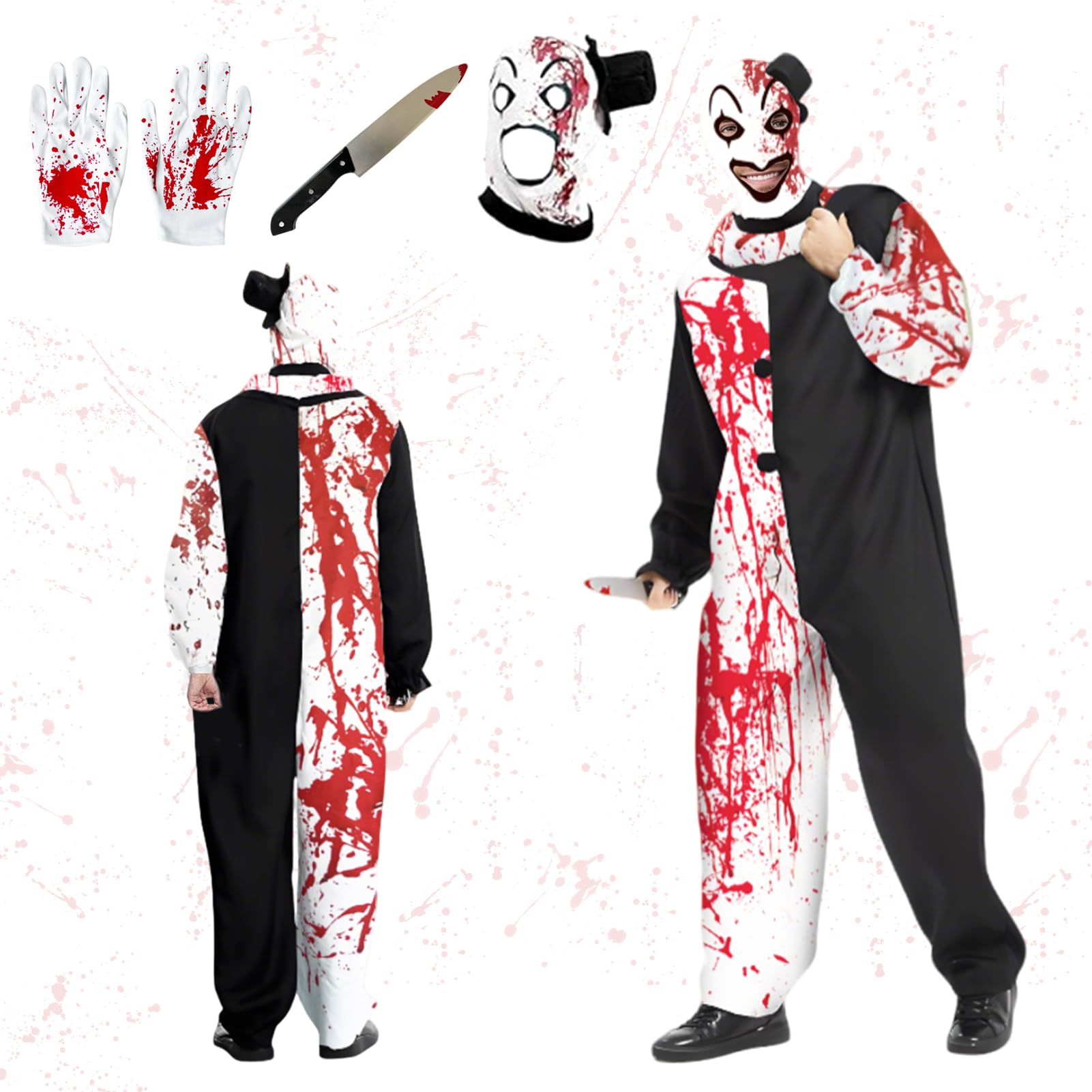 Shinybox Disfraz de Payaso Asesino, Disfraz de Payaso Adulto Halloween con Capucha y Puñal, Guantes de Sangre, Traje Payaso Cosplay para Carnaval Fiestas