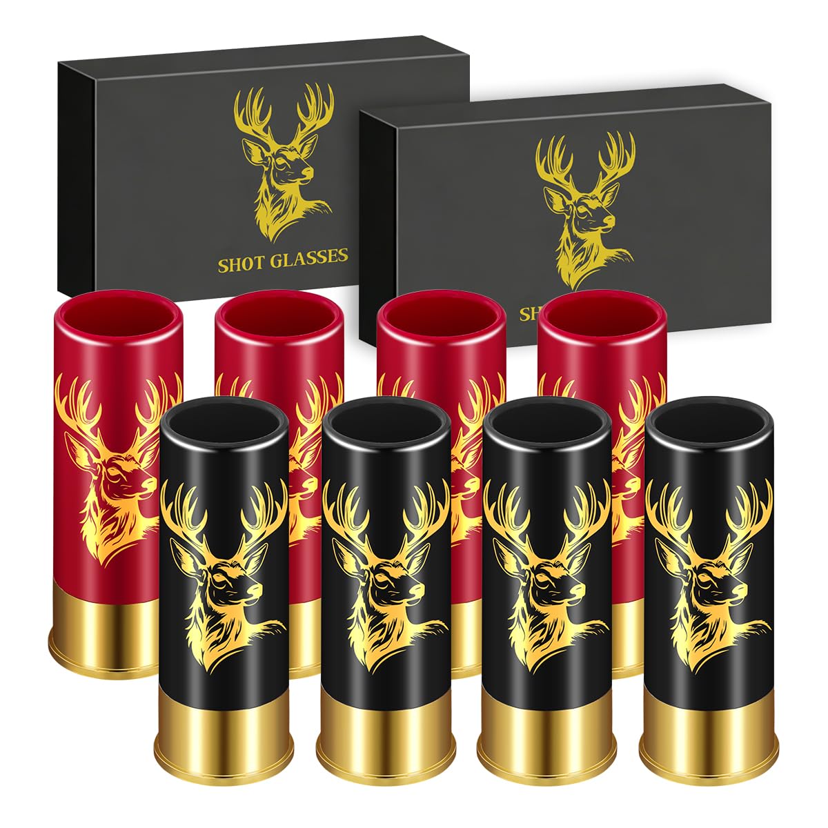 Juego de 8 Vasos de Chupito, Plástico, Cabeza de Ciervo, con Caja de Regalo, para Hombres y Mujeres, Bodas, Fiestas, Cumpleaños, Navidad, Regalo de Caza, 12 GA, 45 ml, Vaso de Plástico, Negro y Rojo