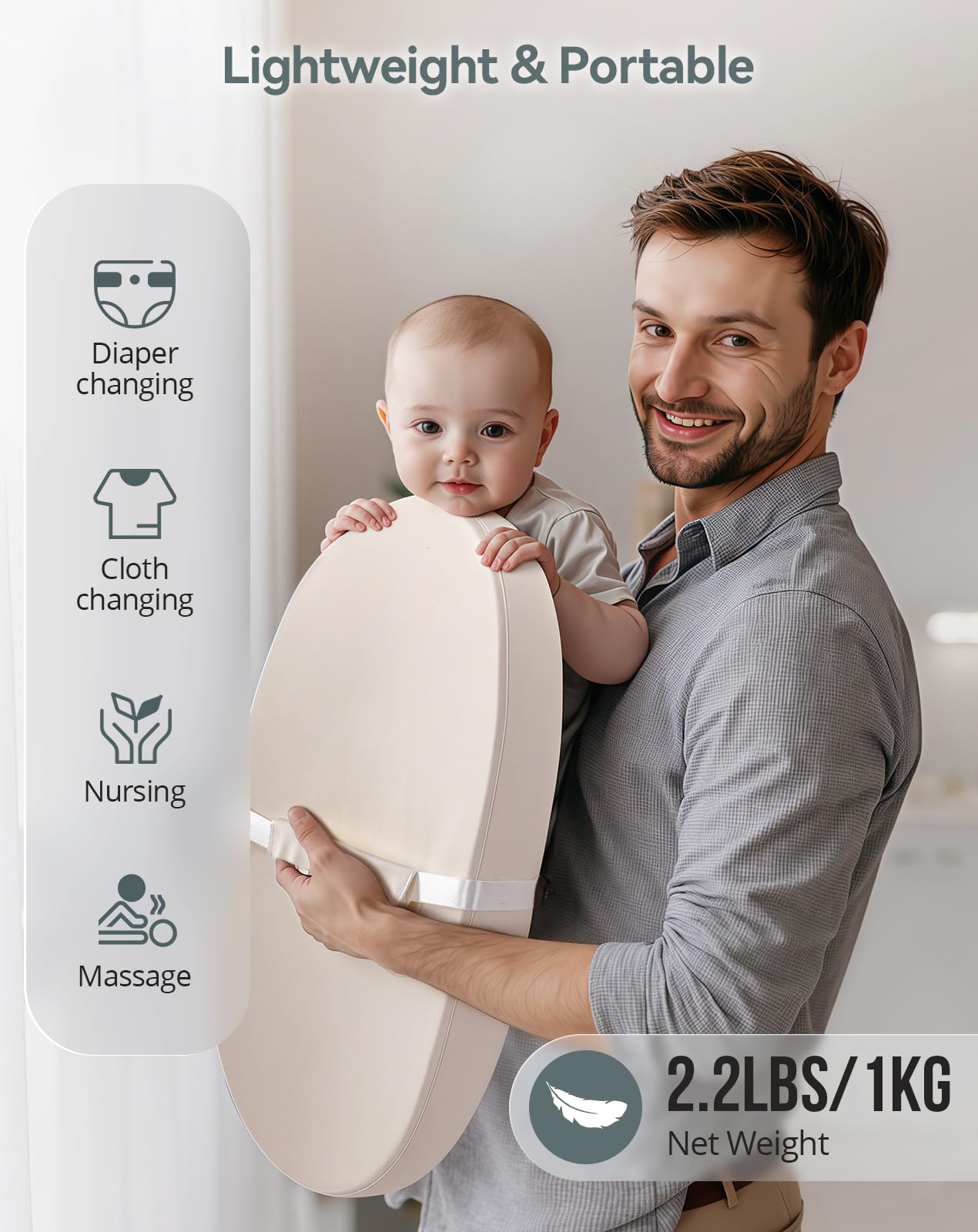 COMOMY Veganes Leder Wickelauflage 80x40cm | Wasserdicht & Abwaschbar Wickelunterlage mit Sicherheitsgurt & Anti-Rutsch-Design | Weiche Leichte Wickelmatte (Beige)
