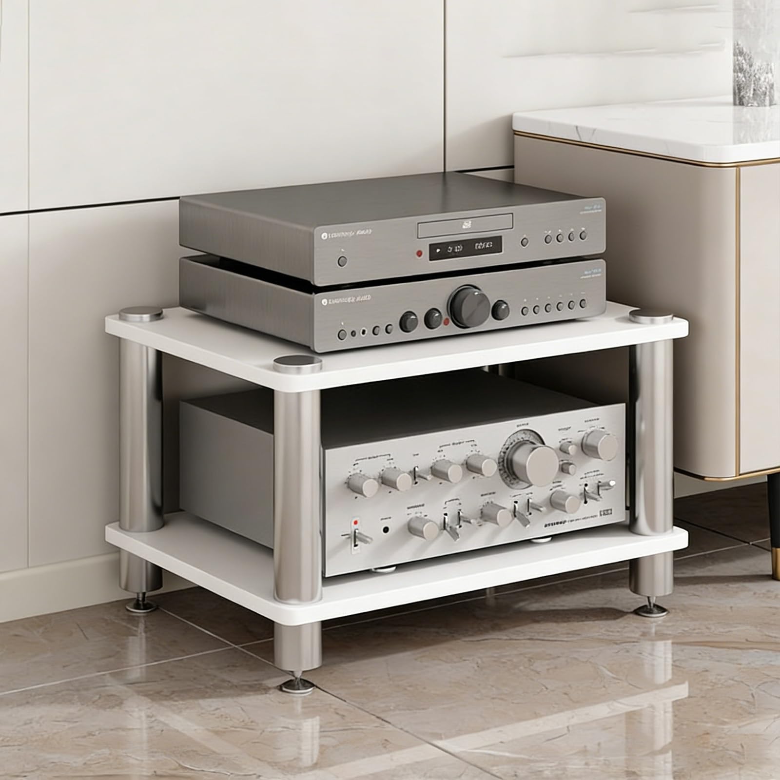 Mueble soporte multimedia de audio y vídeo blanco con dos estantes para organizar el hogar