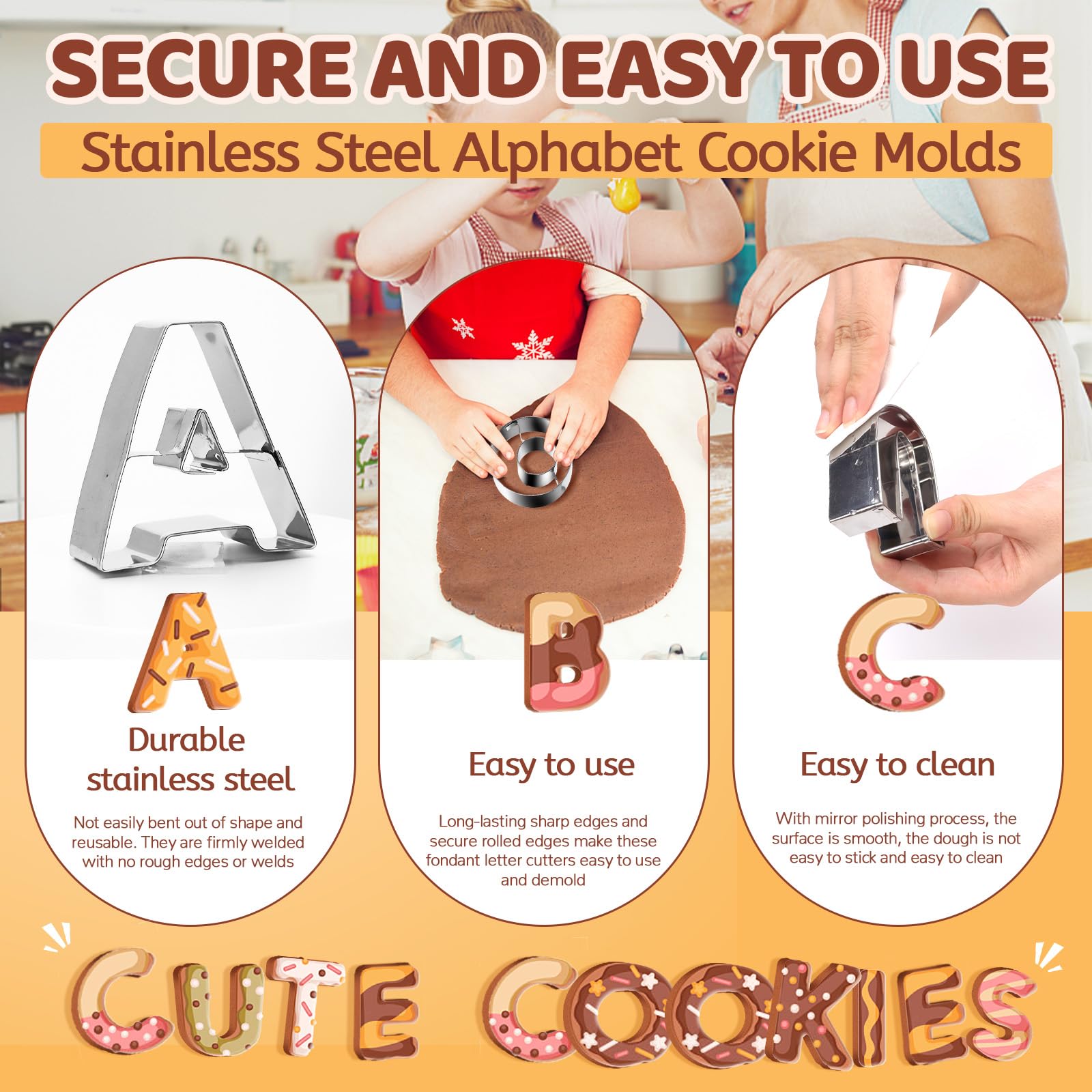 Juego de 26 cortadores de galletas grandes de 6,6 cm con letras del alfabeto, de acero inoxidable, para fondant, herramientas de galletas para Navidad, cumpleaños, vacaciones, pasteles