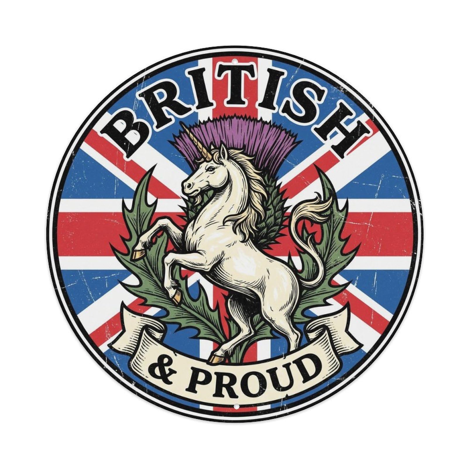 Olhnbad Style British Proud Unicorn Thistle Heraldry Heritage Emblem Metal Tin Sign