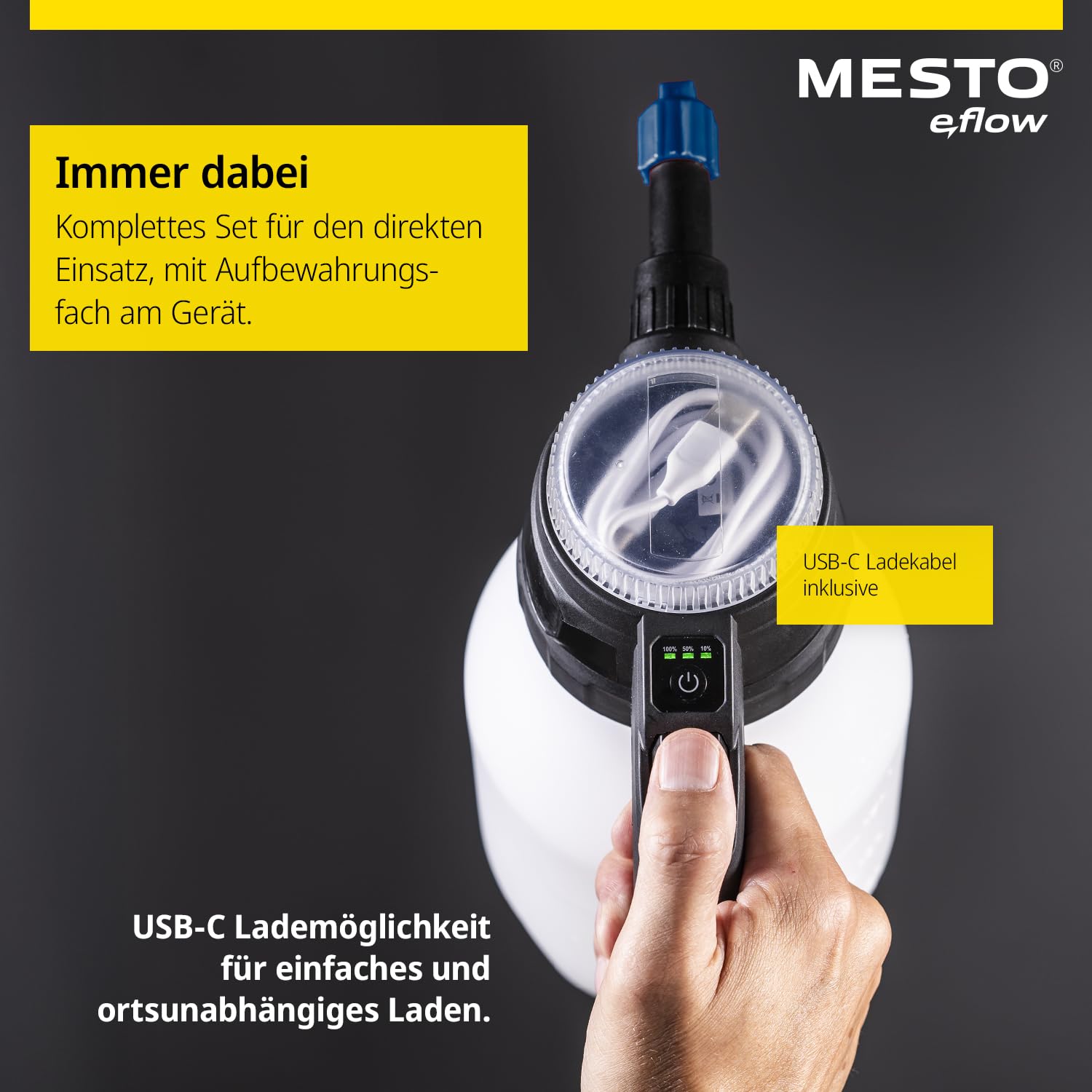 MESTO e.FOAMER E2 Akku-Schaumsprüher 2 L | Elektrischer Schaumsprüher für Auto & Reinigung | Foam Sprayer 1,5 Bar | Schaum Sprühflasche für leicht alkalische Flüssigkeiten & Laugen | inkl. USB-C Kabel