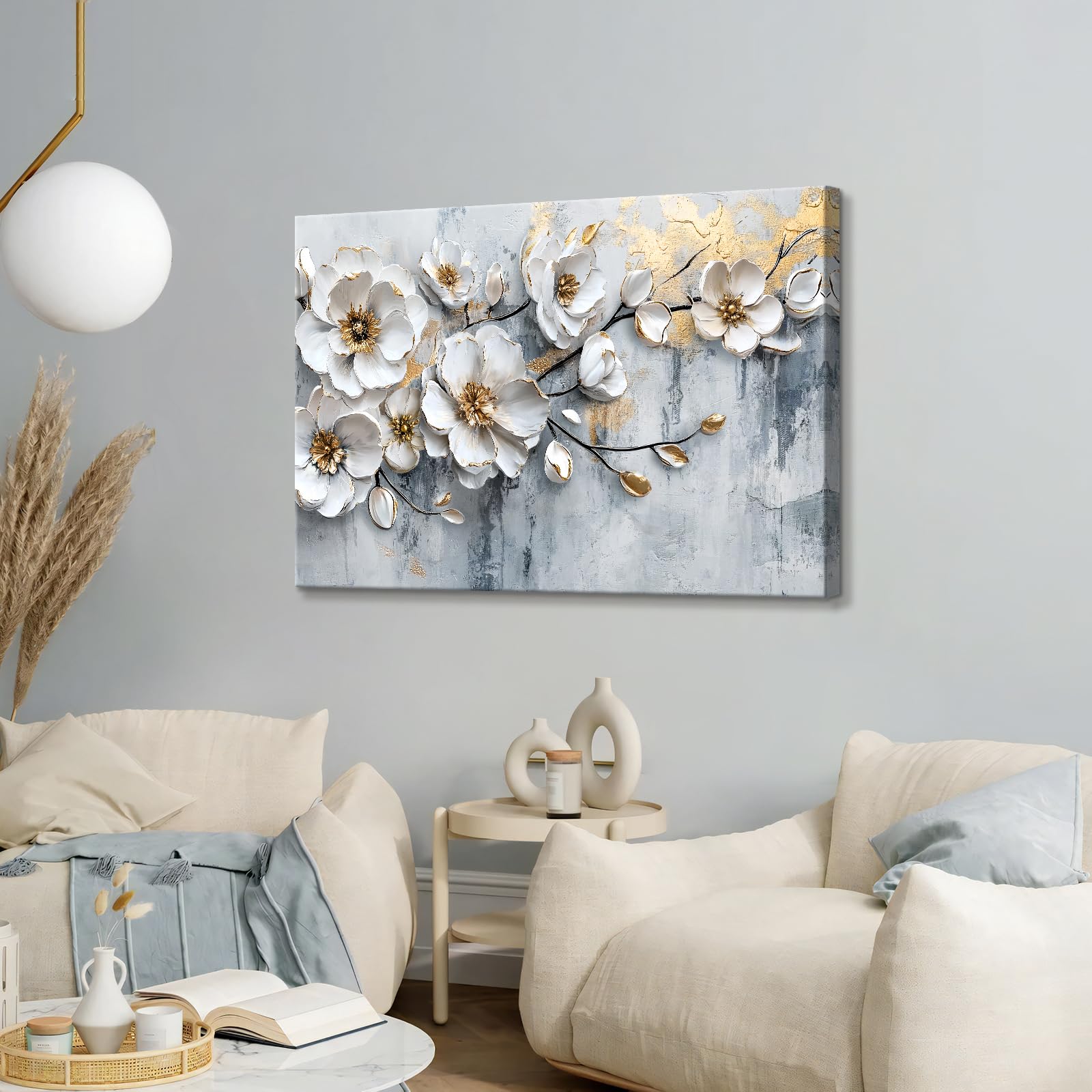 WENGTIAO Stampa su Tela Peonia Bianca Floreale Incorniciato Grande Quadro su Tela Estetica Fiori Bianchi Pittura Quadri Moderni Soggiorno Camera da Letto Casa Decorativo Parete 120x80 cm