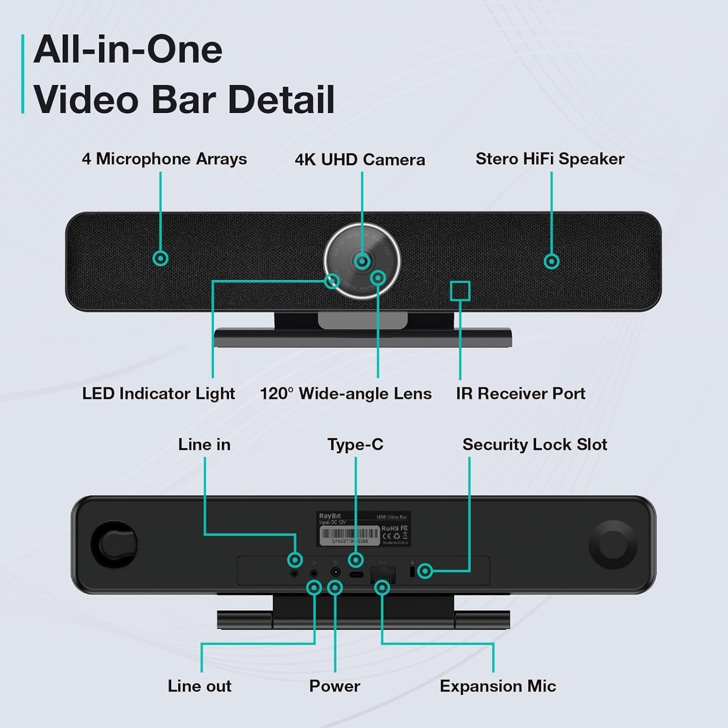 Cámara de sistema de videoconferencia con micrófono de extensión de mesa de 360°