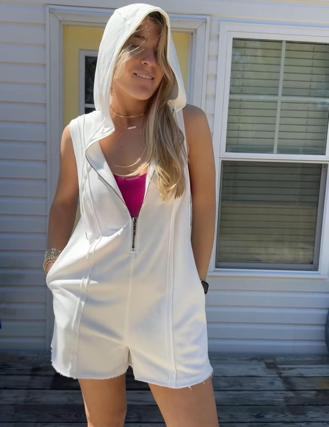 Women's Zip Up Romper Sleeveless Athletic Hooded Summer Loose Shorts Jumpsuits with Pockets - Image 2