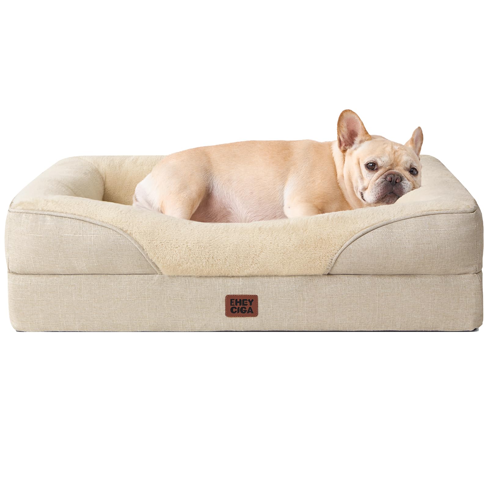 EHEYCIGA Memory Foam Cuccia Cane Interno Taglia Media, Impermeabile Divano per Cani Sfoderabile e Lavabile, Letto per Cani con 4 Bordi Rialzati, Beige, 76x51x16.5cm