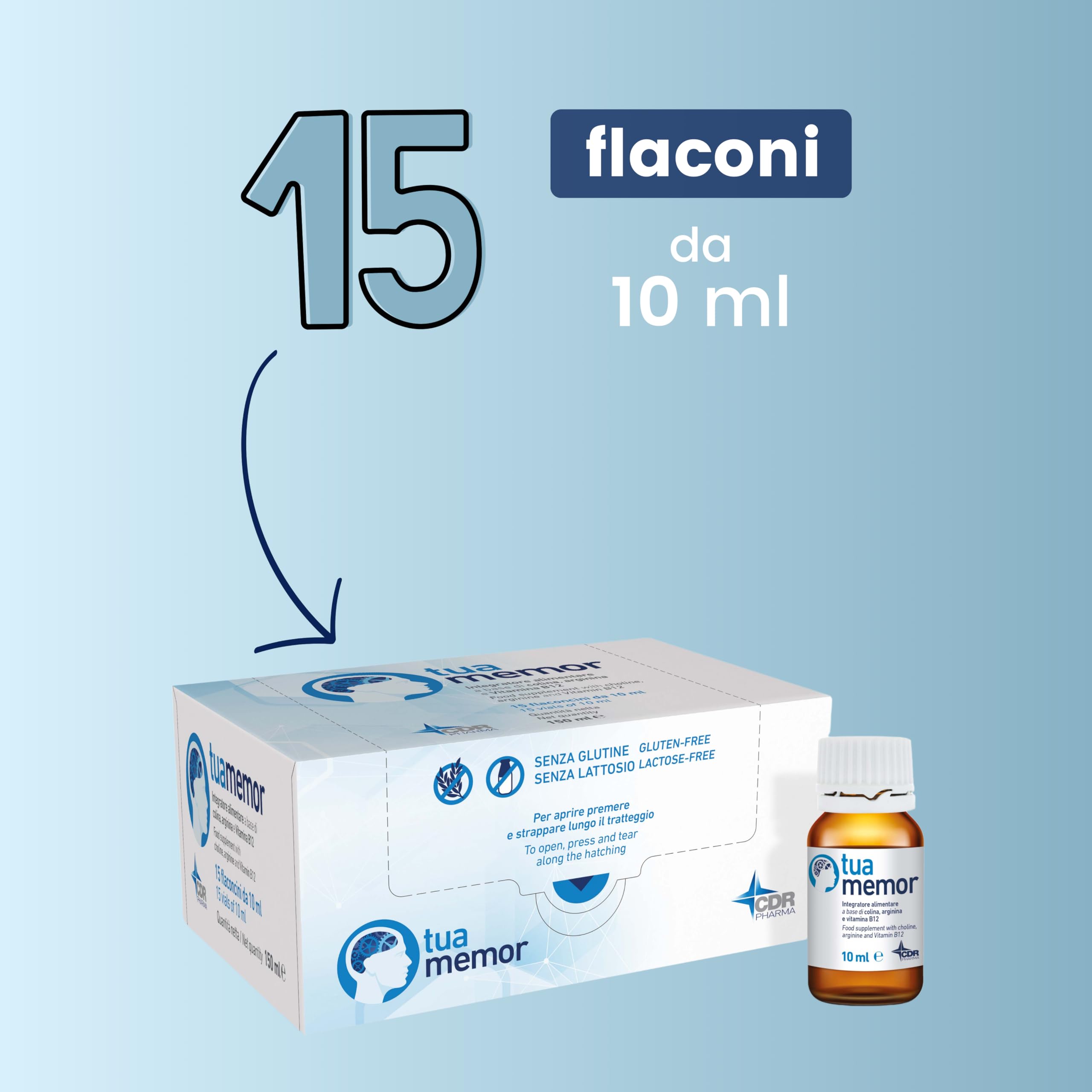 Integratore Memoria e Concentrazione, con Arginina, Colina e Vitamina B12, Senza Glutine e Senza Lattosio, 15 flaconcini da 10 ml, Tuamemor