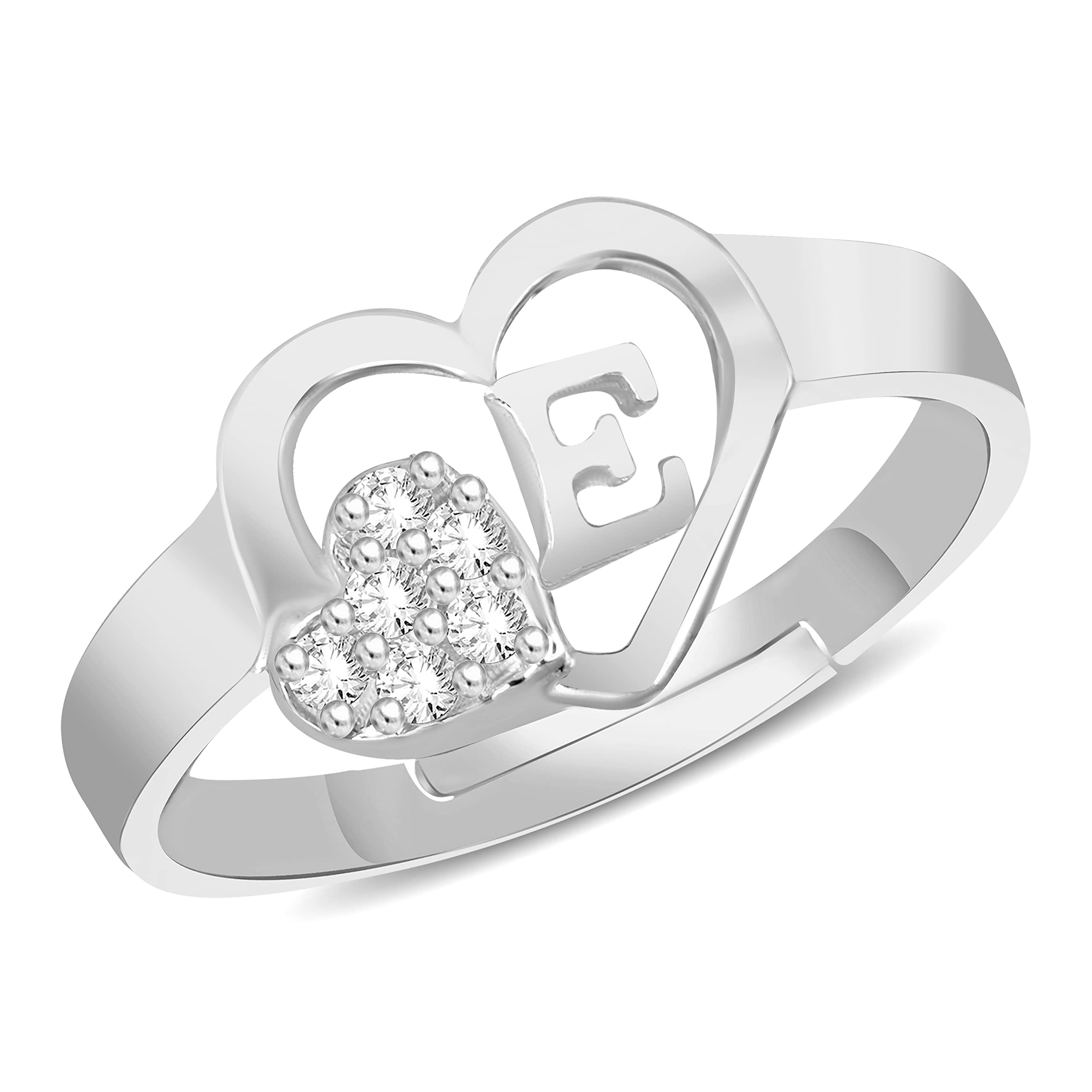 MEENAZ E Rings for Women Girls Couple girlfriend Wife lovers Valentine Gift CZ AD American diamond Adjustable Silver I Love You Heart Initial Letter Name Alphabet E finger Ring Stylish platinum-59