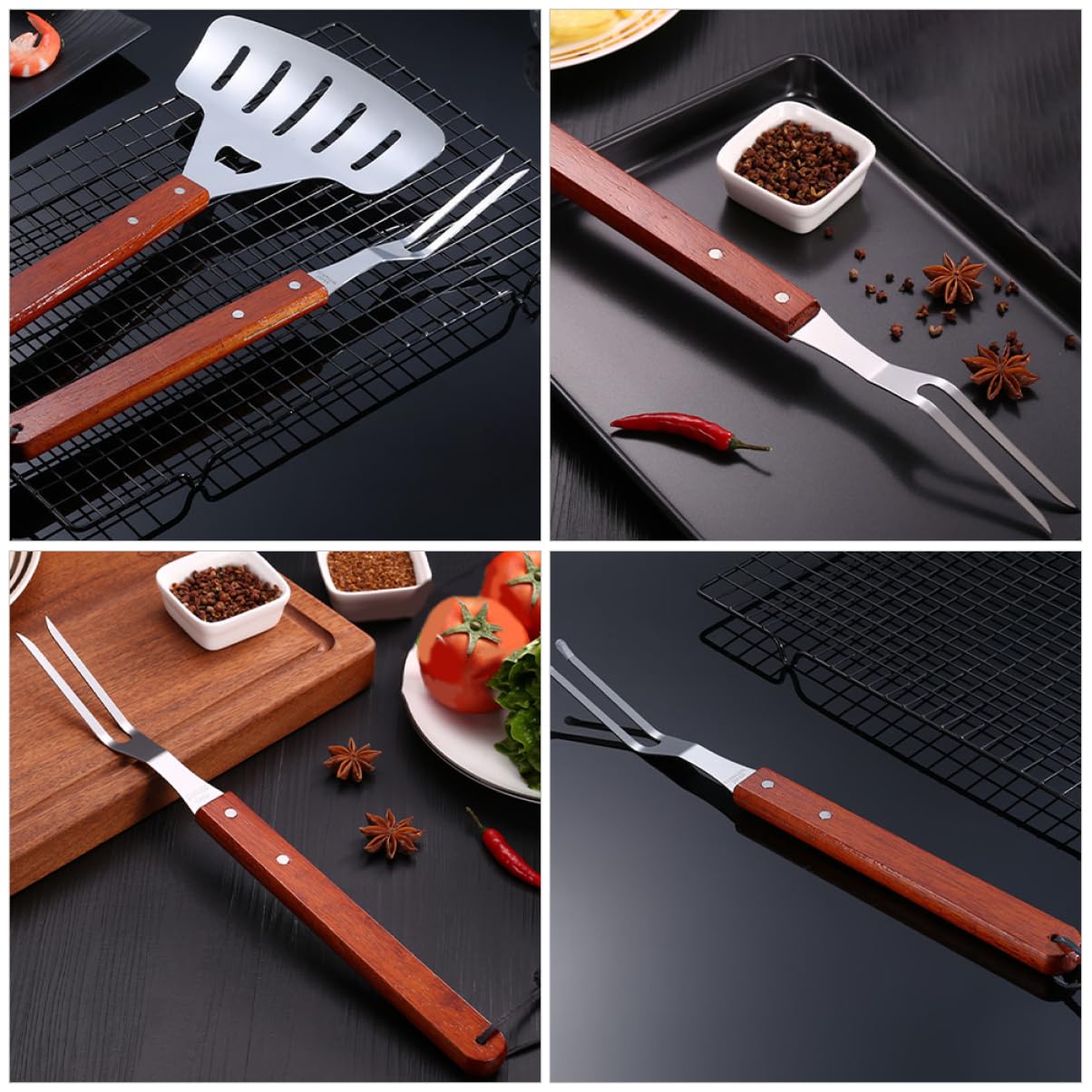 Ciieeo Grill Meat Forks Skewers Set 12-inch Long Stainless Steel Bbq Tools Spatula Kebab Skewers Outdoor Cooking Accessories Wood Handle