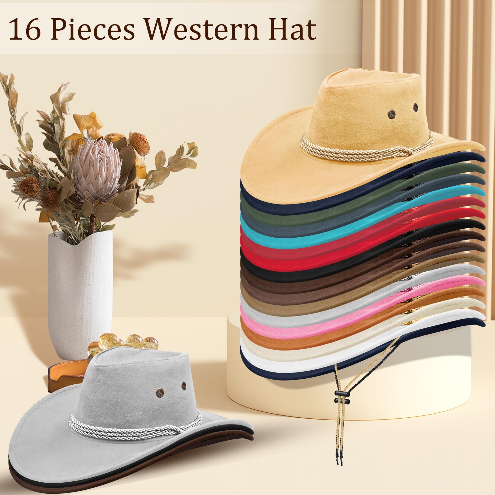 Set di 16 cappelli da cowboy per uomo e donna, cappello western con sottogola, cappello da cowgirl, cappello largo western per feste, festival, carnevale, feste a tema e accessori in costume