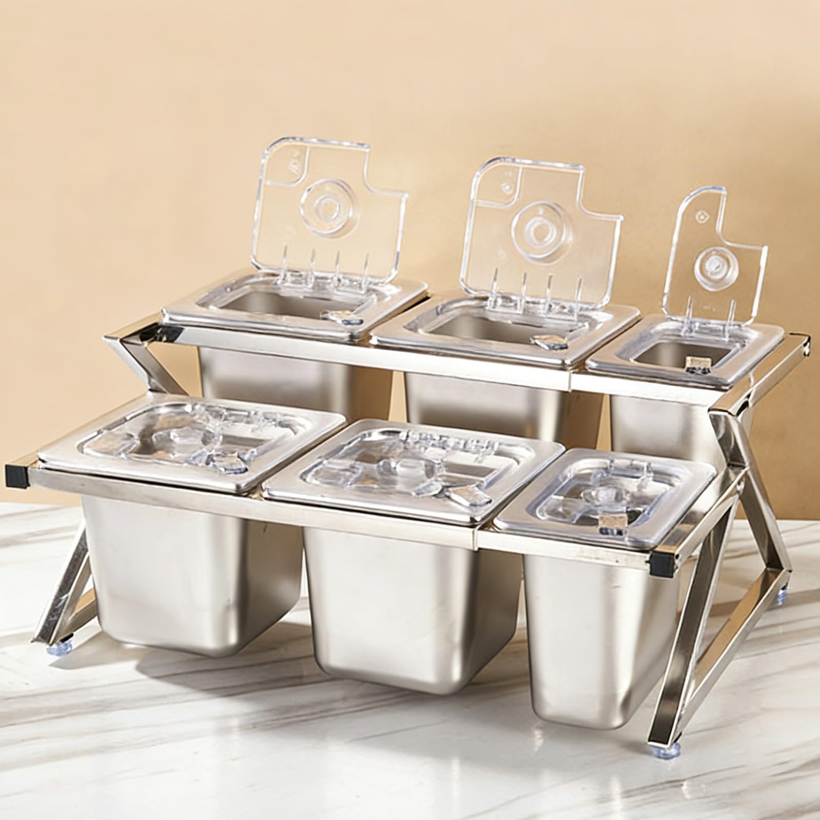 Questa Stazione per condimenti per Pizza con Coperchio Ribaltabile e Set di Palette, Supporto Organizer per spezie in Acciaio Inossidabile, Porta guarnizioni Inclinato da banco per Salse, ma