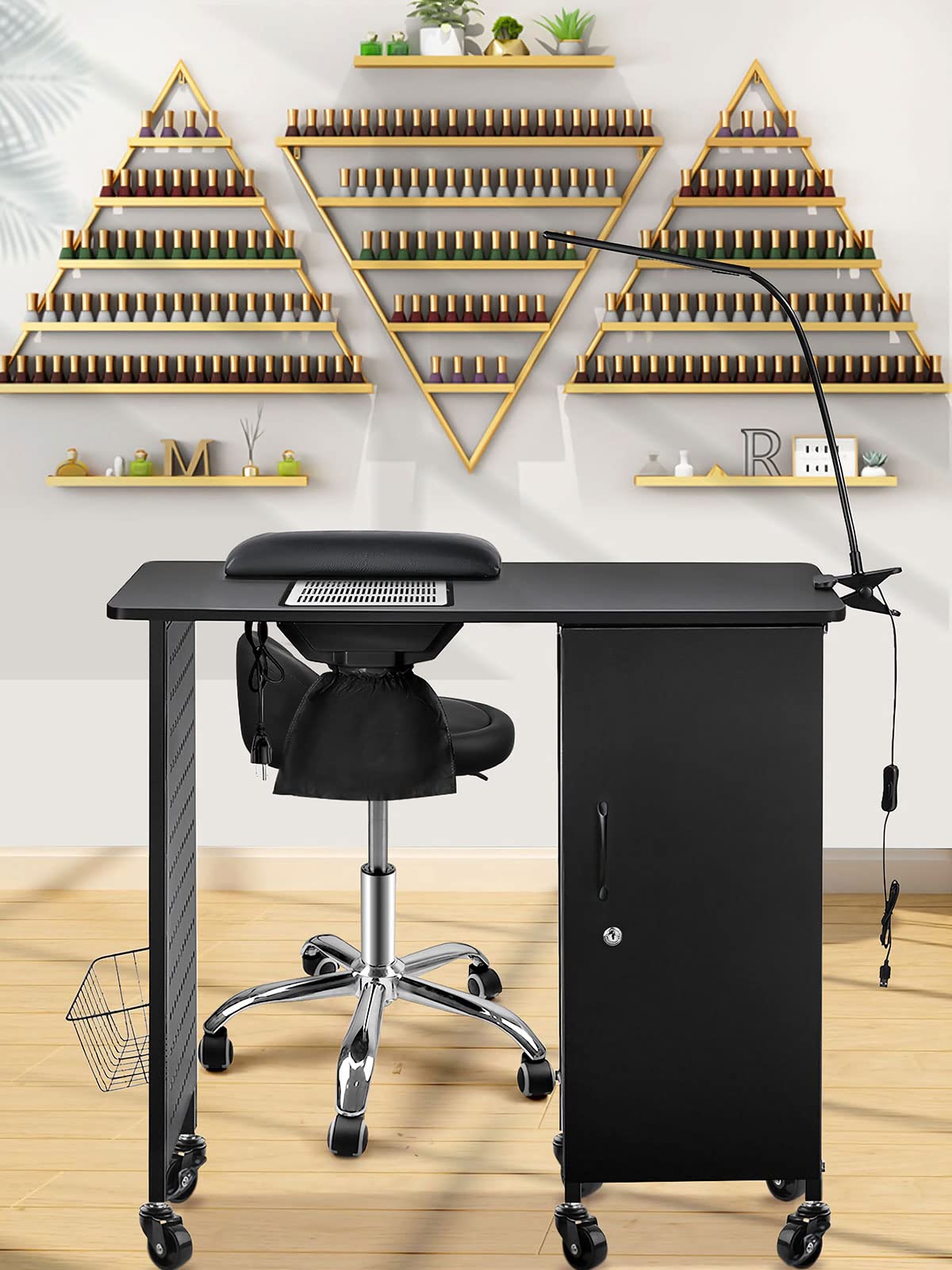 Kalolary Maniküre Nageltisch, Mobile Nagelstation mit Nagelstaubsammler | 4 Schubladen, LED-Lampen, Handballenauflage für Heimtechniker, Spa, Schönheitssalon, Arbeitsplatz, schwarz