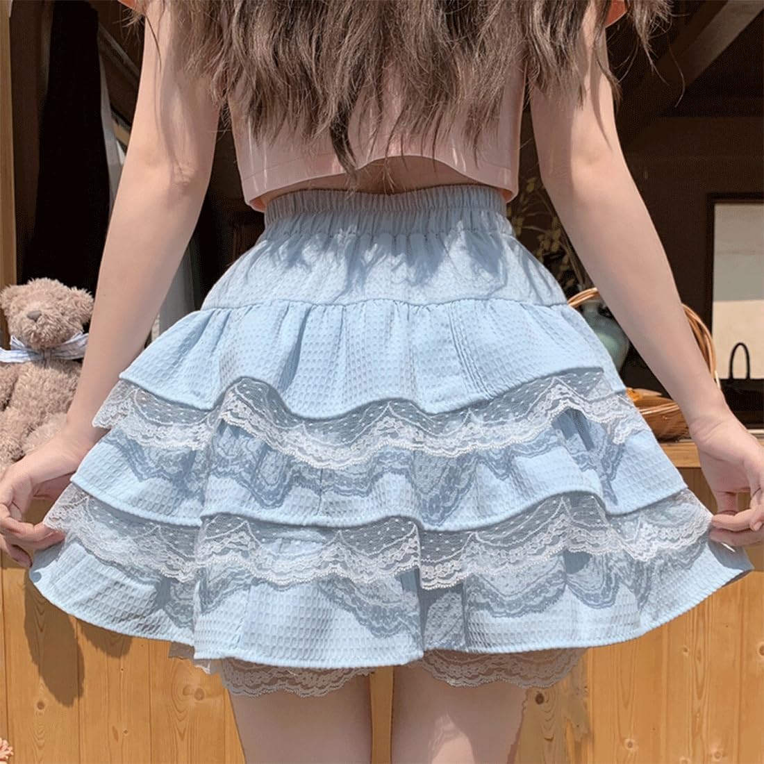 Harajuku Lolita Kawaii Gothic Casual Style A-Line Elastic High Waist Cute Lace Trim Ruffle Tiered Short Skirt - Image 3