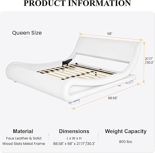 Miniatura 2 de SHA CERLIN - Marco de cama tamaño Queen tapizado, de perfil bajo con diseño de trineo y cabecero ergonómico de piel sintética, sin necesidad de