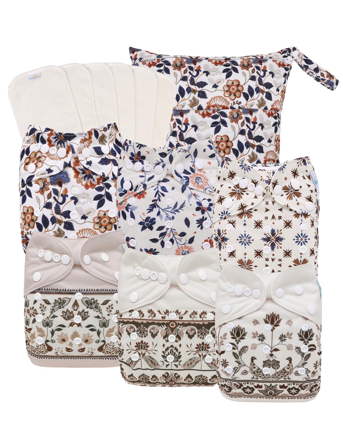babygoal Boho Cloth Diapers Pack of 13, Baby Reusable Washable Pocket Nappy, 6pcs Diapers+6pcs Rayon from Bamboo Inserts+Wet Bag
