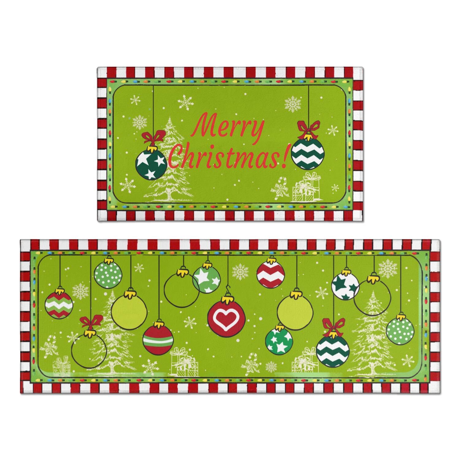 wmvhdiw Christmas Kitchen Rugs and Mats Set of 2, GreenChristmas Bathroom Rug Non Slip Cushioned Mat Runner Rug Doormat for Christmas Farmhouse Kitchen Decor,17x30+17x47inch