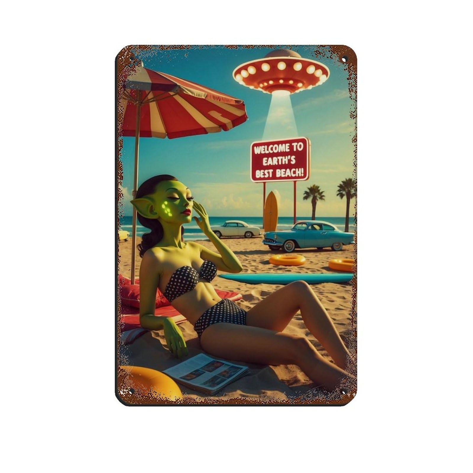 Vintage Alien Beach Scene Retro Poster Metal Tin Sign Chic Art Retro Iron Painting Bar People Cave Cafe Family Garage Poster Wall Decoration 8x12inch(20x30cm)