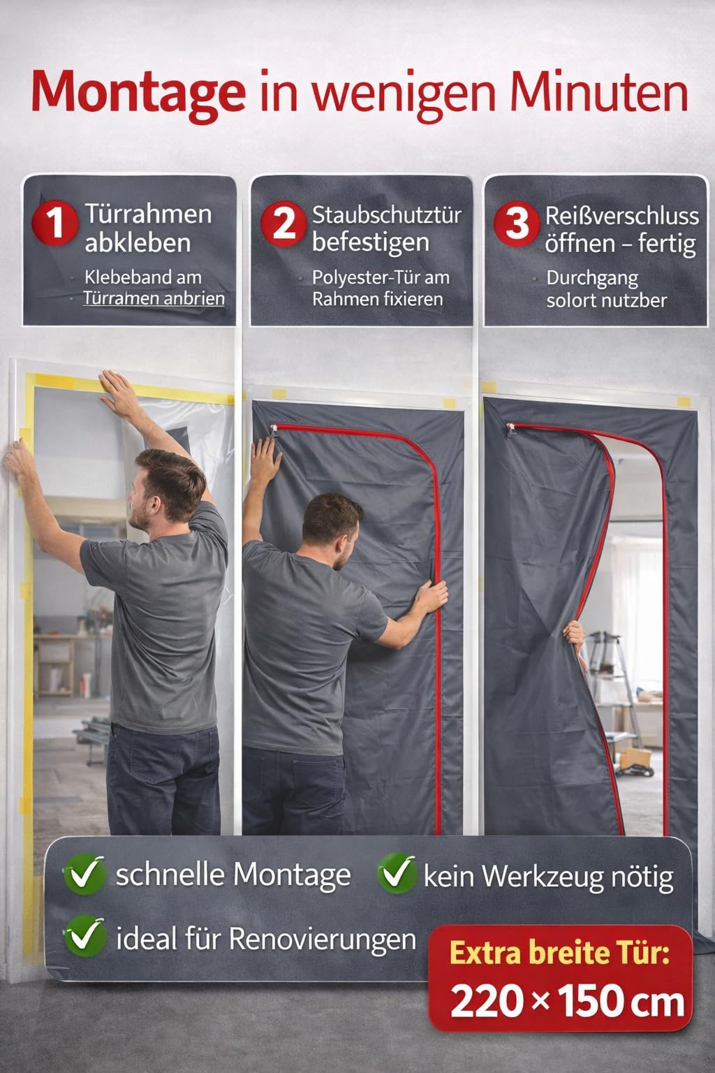 UNITEX PRO Porte anti-poussière 220 x 150 cm – B2 ignifuge et imperméable | Polyester robuste revêtu de polyuréthane | Lavable et réutilisable | Directement du fabricant