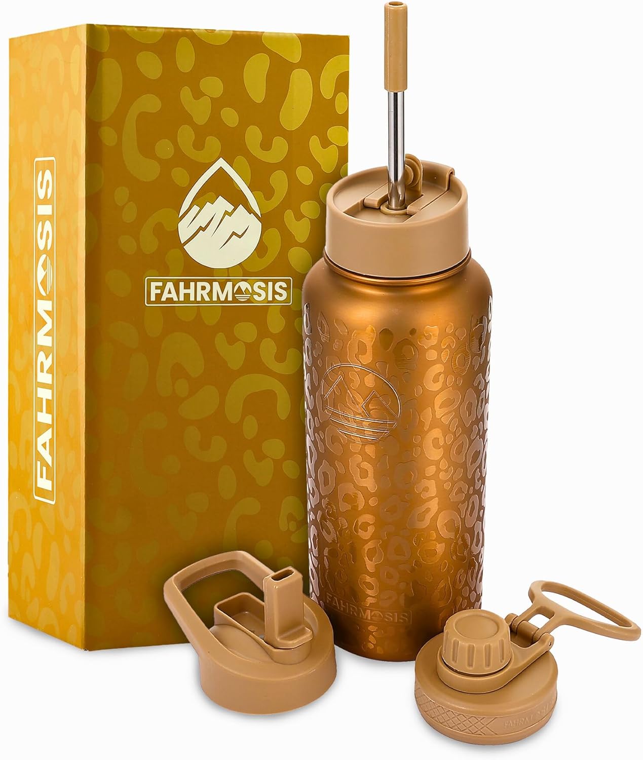 FAHRMOSIS 32 Oz Water Bottle with Straw Stainless Steel Sports Water Bottle with 3 Lids (Straw, Chug & Flip Lid) 1 Liter Leak Proof Insulated Metal Jug for Men & Women – Gold Leopard