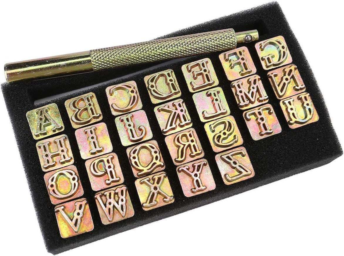 Yoption 27 Pieces Leather Stamping Tool Set, 26 Letters Alphabet Stamps Steel Punch Tool 9mm+1 Stamping Handle for Leather Craft (9mm)