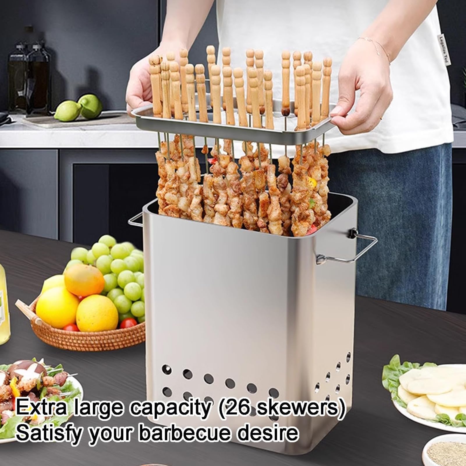 Pionowy Grill Węglowy Typu Smoker, Przenośny Bezdymny Grill BBQ z 26 Szaszłykami i Rusztem, Równomierne Ogrzewanie 360°, Grill Wiszący ze Stali Nierdzewnej do Kempingu Ogrodu i Przyjęć (Bezwęglowy)