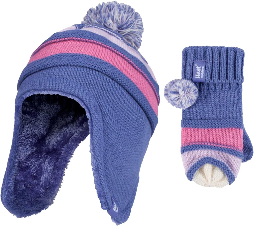 HEAT HOLDERS - Girls Thermal Pompom Winter Hat and Mittens Set with Ear Flaps