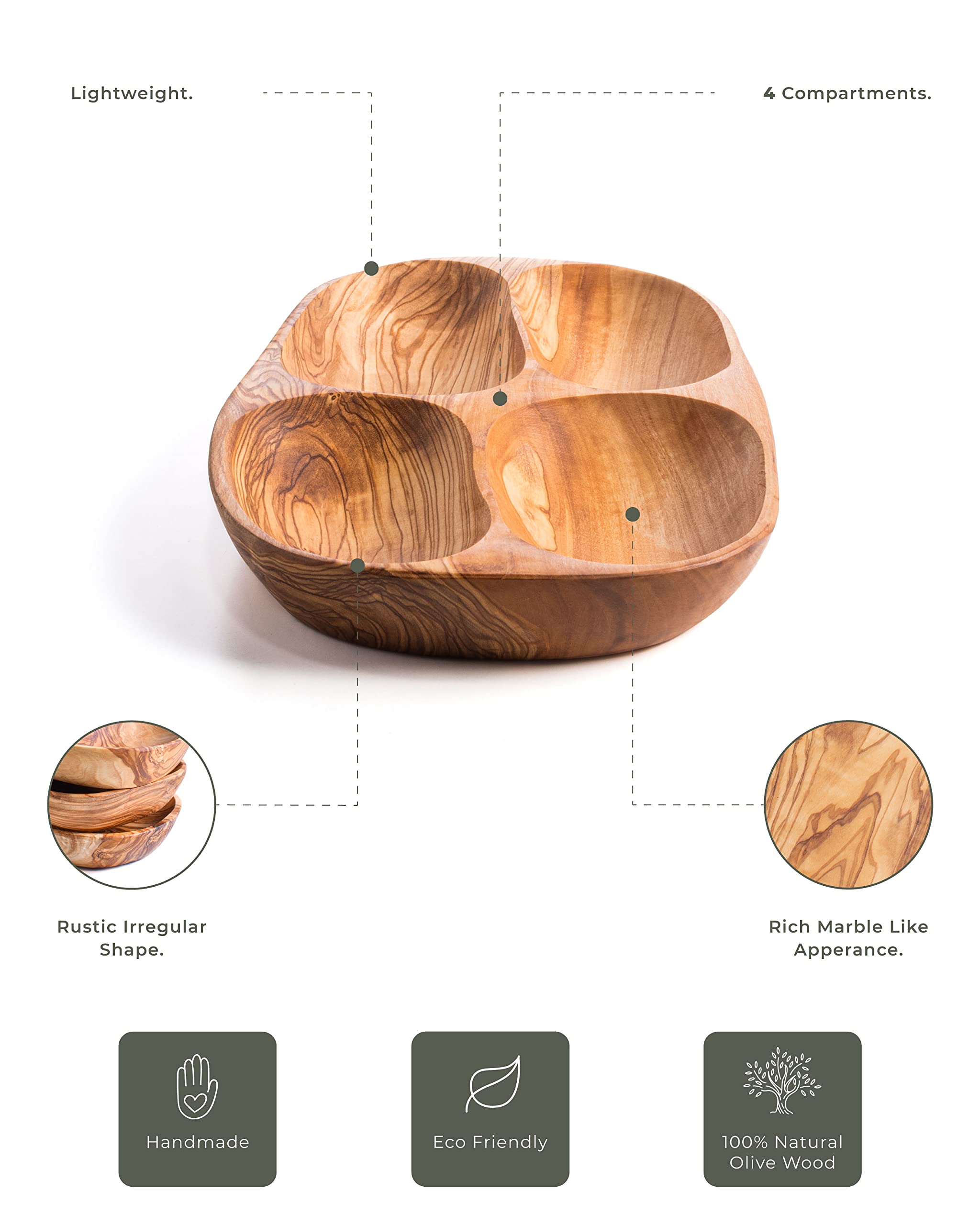 Darido Vassoio per Aperitivo in Legno d'Ulivo, Ovale 26x16 cm, Stoviglie Fatti a Mano per Tapas, Ciotola Noci a 4 scomparti, Piatto Natalizio Decorativo, Vassoio per Antipasti e Stuzzichini