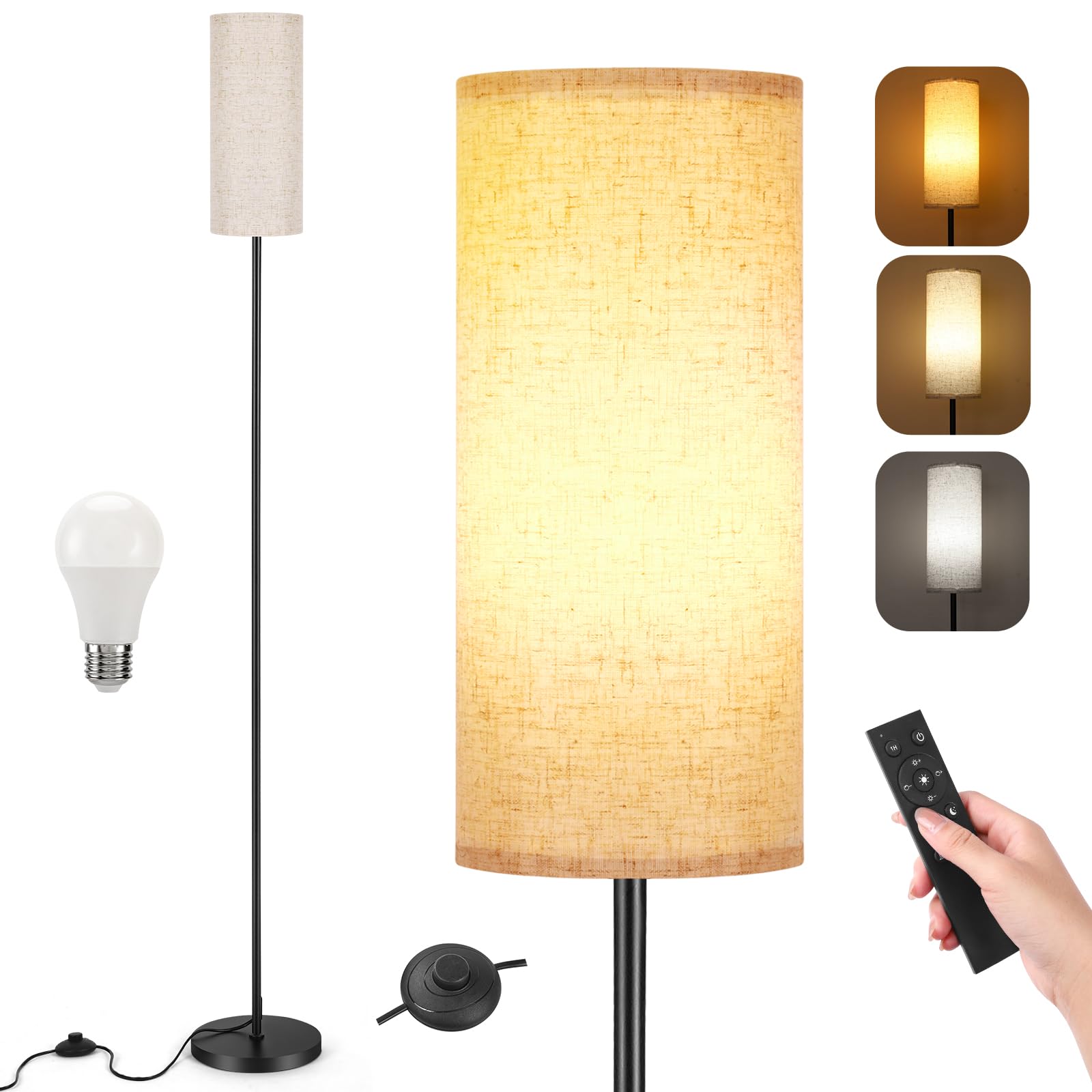 Lampara de Pie Salon, 12W Moderna Lámpara de Pie con Pantalla de Lino, 3 Temperaturas de Color, Atenuación Continua, Control Remoto e Interruptor de Pie Para Dormitorio y Oficina