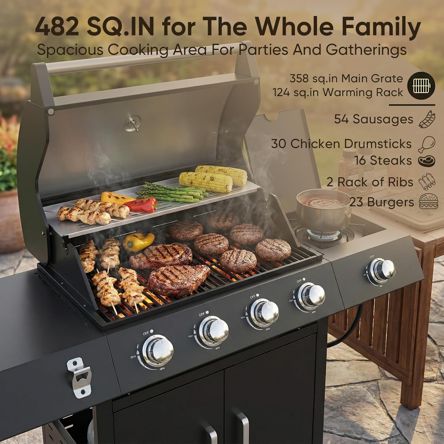 TABU 4-Burners Propane Gas Grill with Side Burner, 58,000 BTU Outdoor BBQ Grill with Cast Iron Grate & Enameled Tamer, Strorage Shed, Wheels for Outdoor Patio Garden