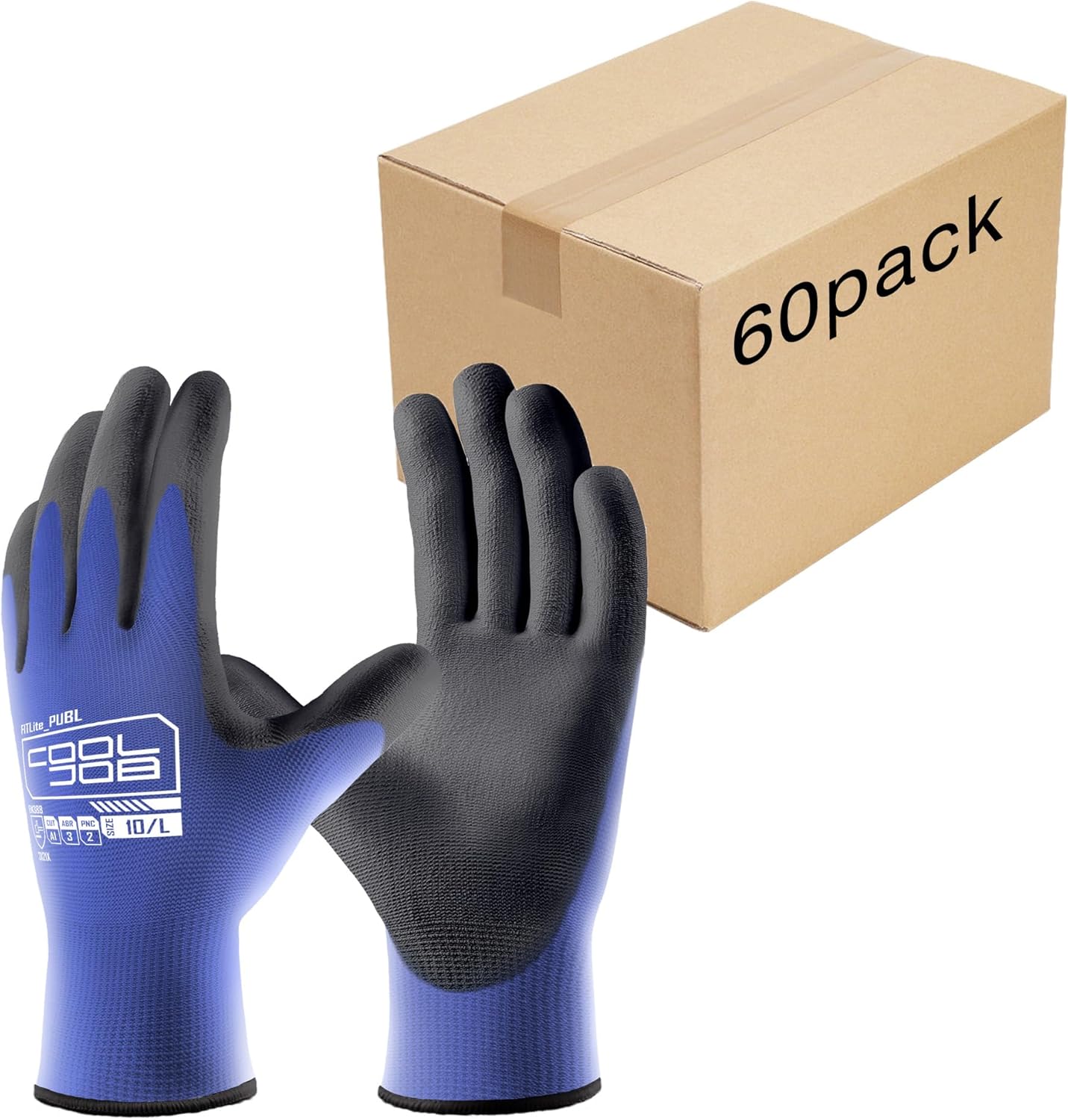 COOLJOB 60 Pairs Safety Work Gloves Pack Bulk with Grip PU Coating, 13 Gauge Seamless Knit Gloves with Polyurethane Dipped for Warehouse Working, Breathable Lightweight for Men Women, Blue Large