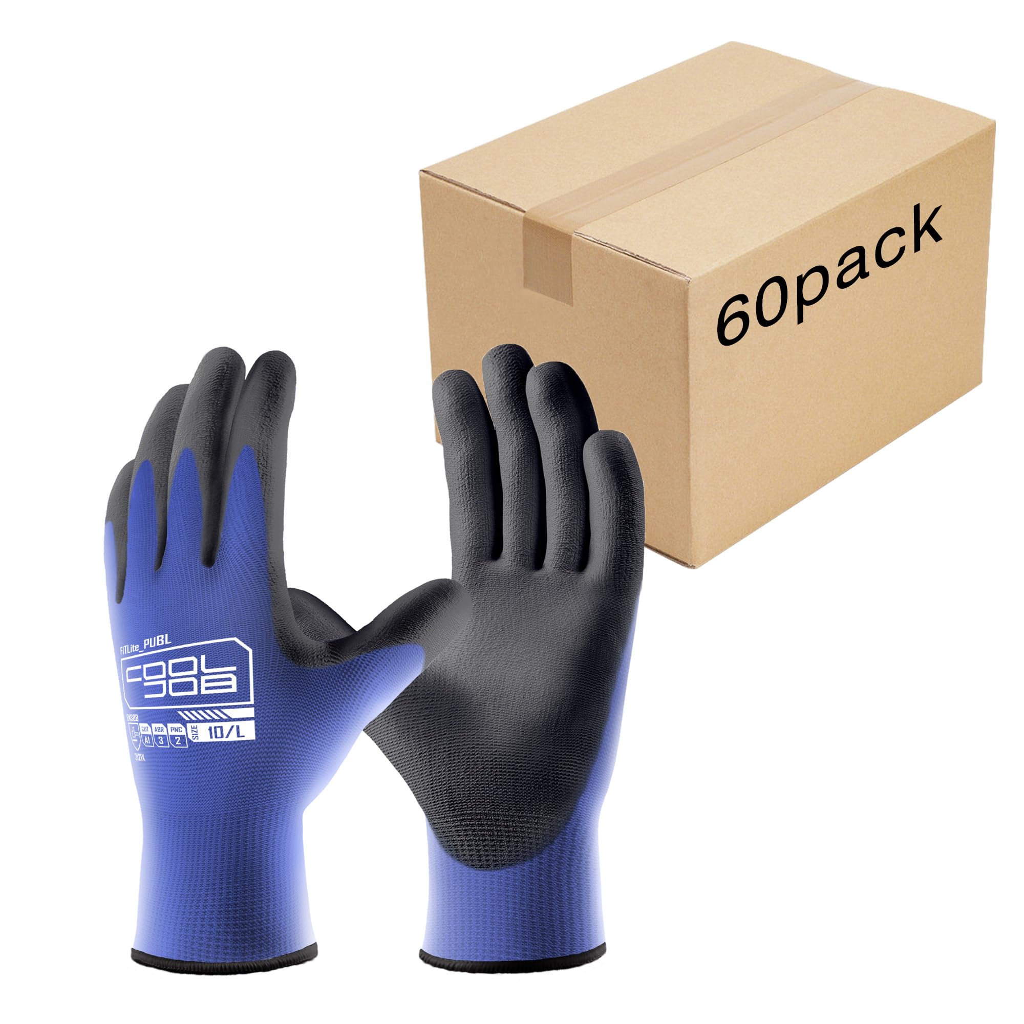 COOLJOB 60 Pairs Safety Work Gloves Pack Bulk with Grip PU Coating, 13 Gauge Seamless Knit Gloves with Polyurethane Dipped for Warehouse Working,