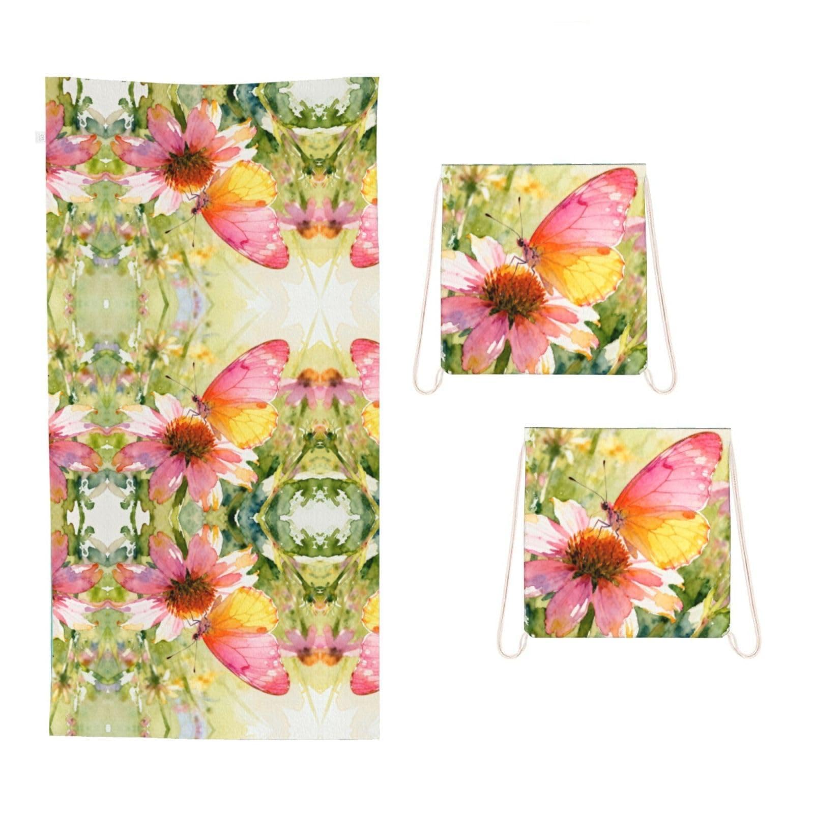 CNTDBU Butterflies and wildflowers 2 in 1 Packable Towel Bag-Large Beach Towel with Stuff Sack, Super Absorbent Microfiber Travel Towel for Pool