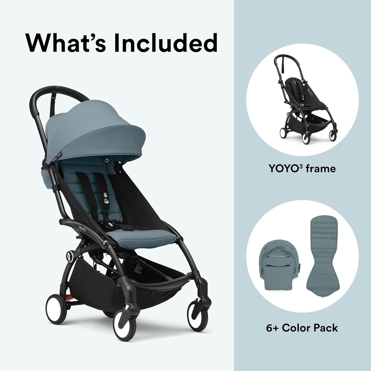 Stokke YOYO3 Stroller from 6 Months - Includes Black Frame/Aqua Seat Cushion + Canopy - Folds in & Out in a Flash - Light & Compact - Carry-On Compatible