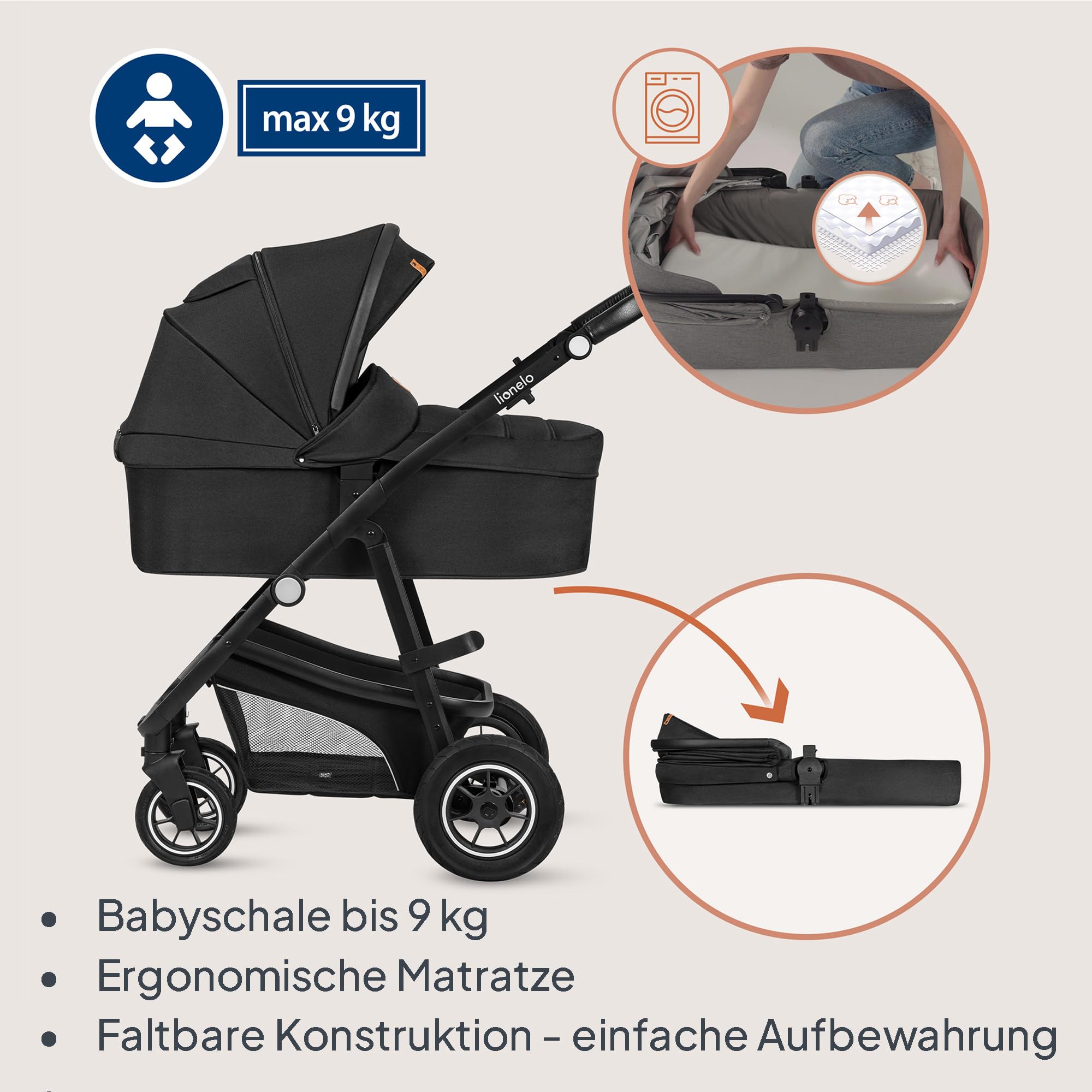LIONELO BIANKA Kinderwagen 3 in 1 bis 22 kg Babywanne Autositz Reise-System Zusammenlegbar Stoßdämpfer Verdeck XXL