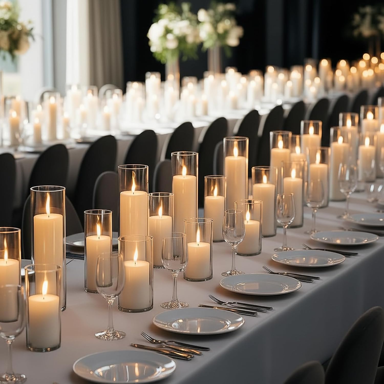 24-Piece Set Includes Ivory Pillar Candles (2"X3, 4, 6) And Glass Cylinder Vases (2.6"X5, 6, 8)，Hurricane Candles, They Are Perfectly Sized To Serve As Centerpieces On Wedding Reception Tables.
