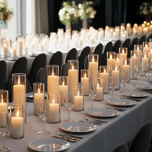 24 PCS White Pillar Candles (2''X3,4,6) and Glass Cylinder Vases(2.6''X5,6,8),Hurricane Candles,Perfectly Sized for use as a Centerpiece Candle Decoration on Wedding Tables!
