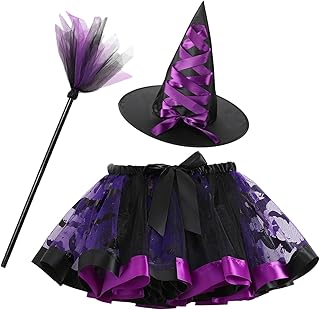 Fantasias de bruxa de Halloween, vestido chique de bruxa mágica, saia tutu com vassoura de bruxa e chapéu para crianças, bruxa Cucimfew