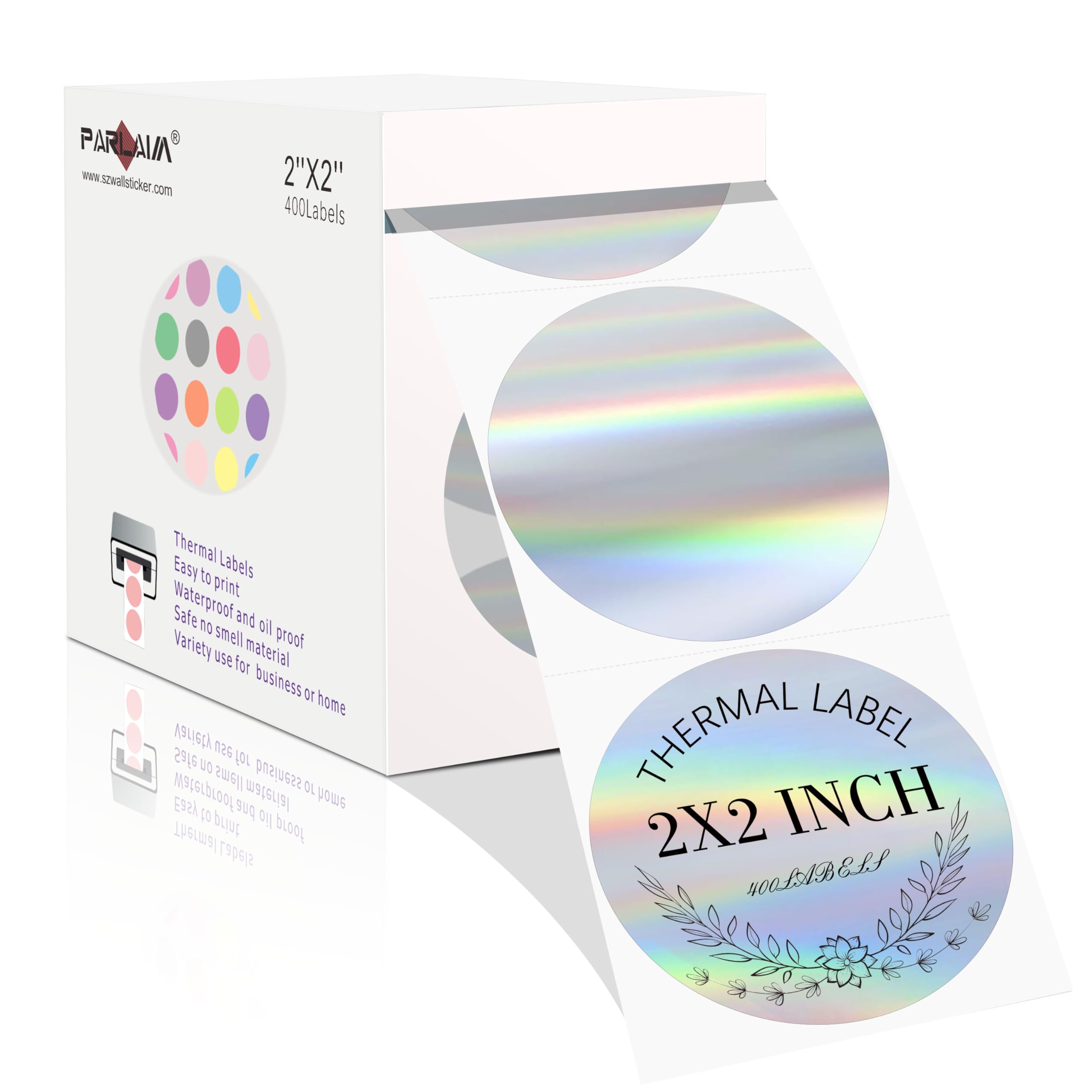 PARLAIM Etiquetas térmicas de 2 pulgadas, etiqueta térmica holográfica plateada, autoadhesivas, redondas, imprimibles, con purpurina de arco iris, etiquetas adhesivas para etiquetas de nombre, diseño