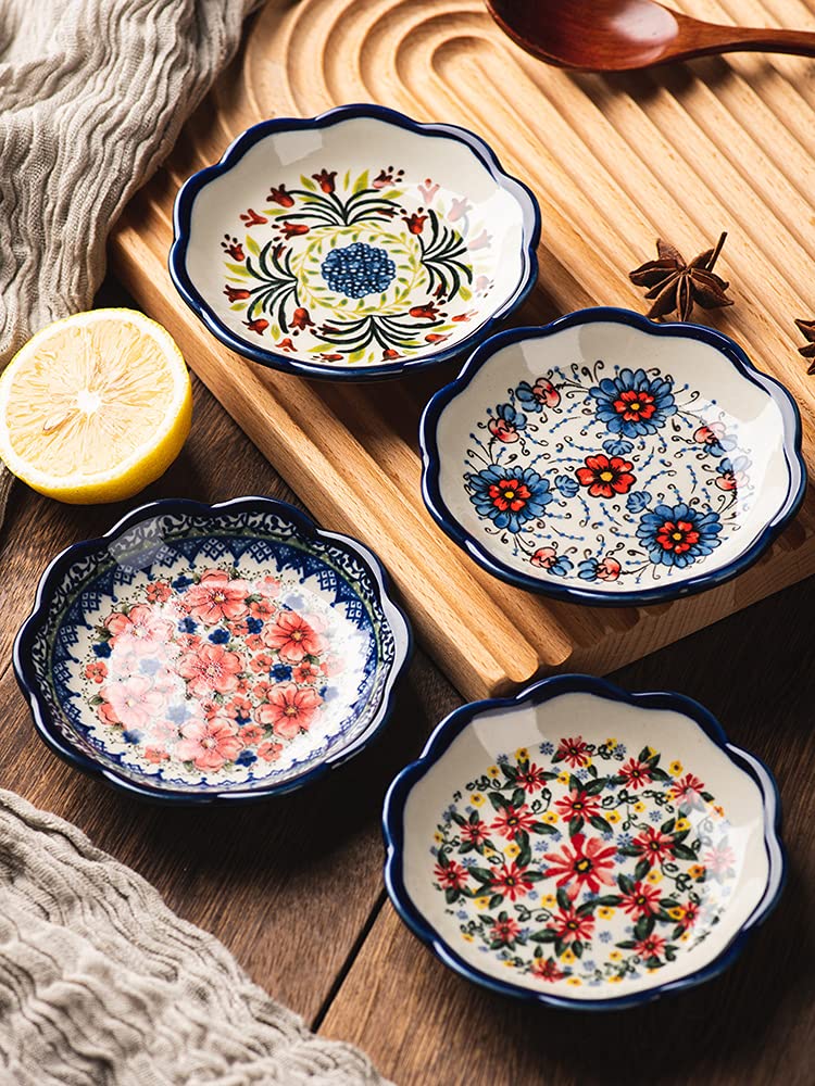 Sizikato 4pcs Porcelain Sauce Plate, 4-Inch Snack Plate Appetizer Plate, Beautiful Floral Pattern