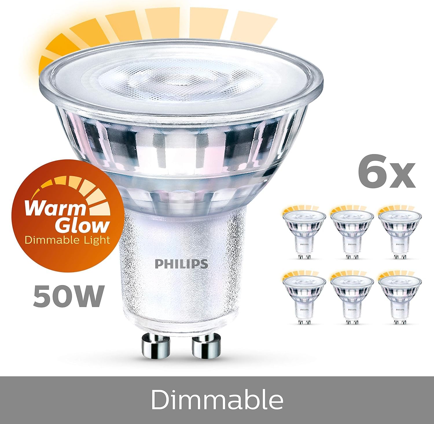 Philips - LED Gu10, 3.8 W Equivalente a 50 W, 345 Lumen, Regulable, Blanco Cálido, 6 Unidad (Paquete de 1)