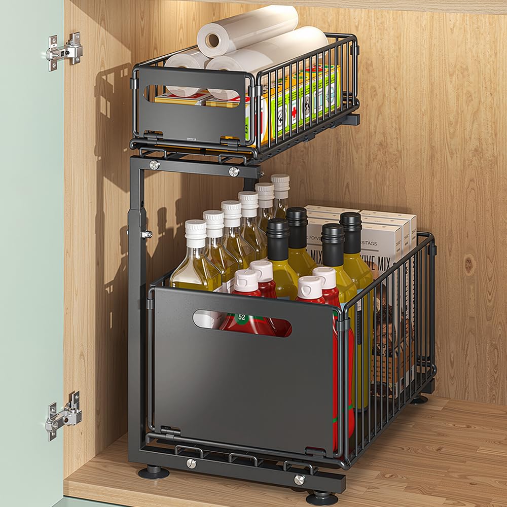 Rangement sous Evier Cuisine Coulissant 2 Niveaux Etagere Epices Cuisine Porte-Épices sous Étagère en Métal Rangement Épices Cuisine 37.5 * 26.5cm pour Salle de Bain, Chambre, Bureau (Noir)
