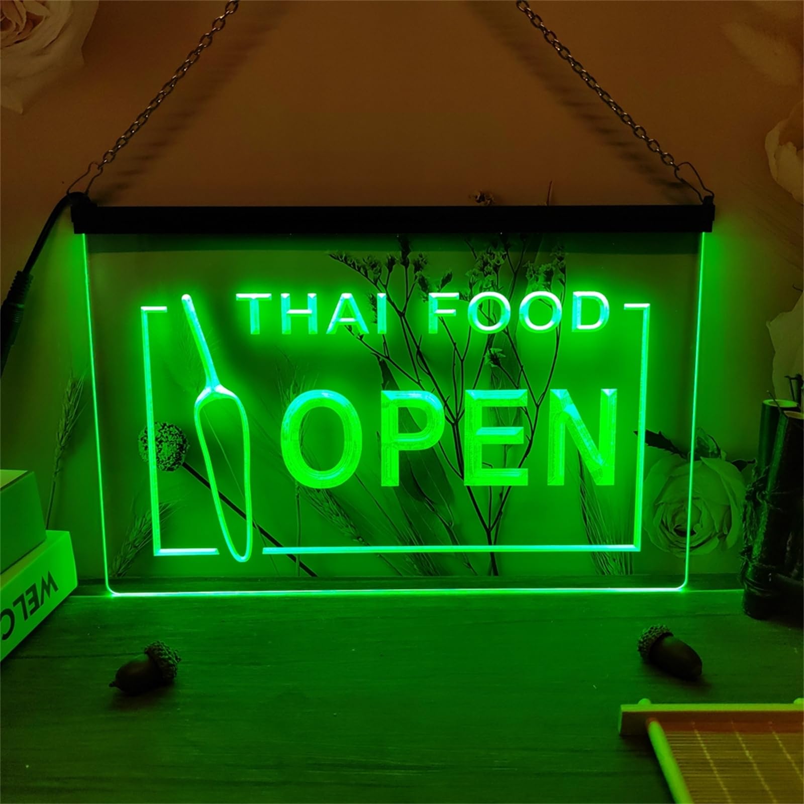 Zayeksole Green Open Thai Food Neon Sign For Wall Decor, Usb Dimmable Led Neon Light Up Sign For Thai Restaurant Wall Decoration,,30X20cm