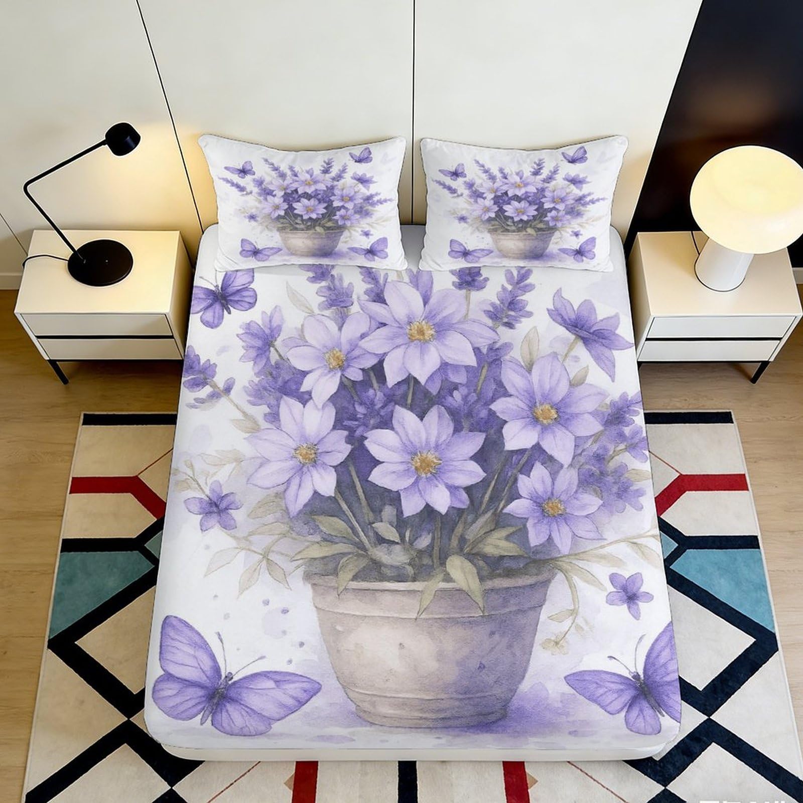 3D Printed Purple Flower Butterfly Fitted Sheet Microfiber Soft Mattress Cover for Bedroom Guest Room Decor 160x200x25cm