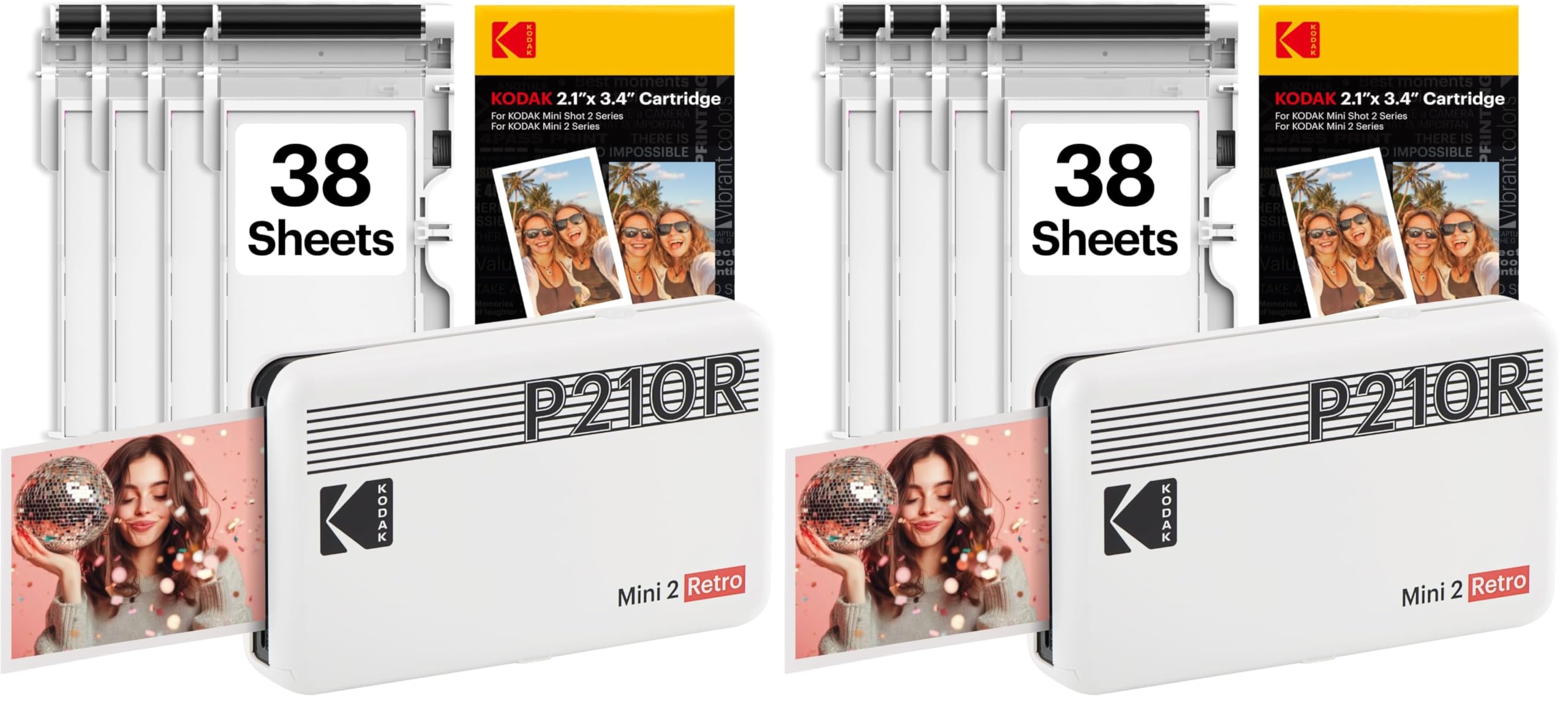 KODAK Mini 2 Retro 2x3 Portable Photo Printer, 38 Sheets, Bluetooth Smartphone Printer for iPhone &amp; Android, Instant Color Prints, 4PASS Dye Sublimation, White (Pack of 2)