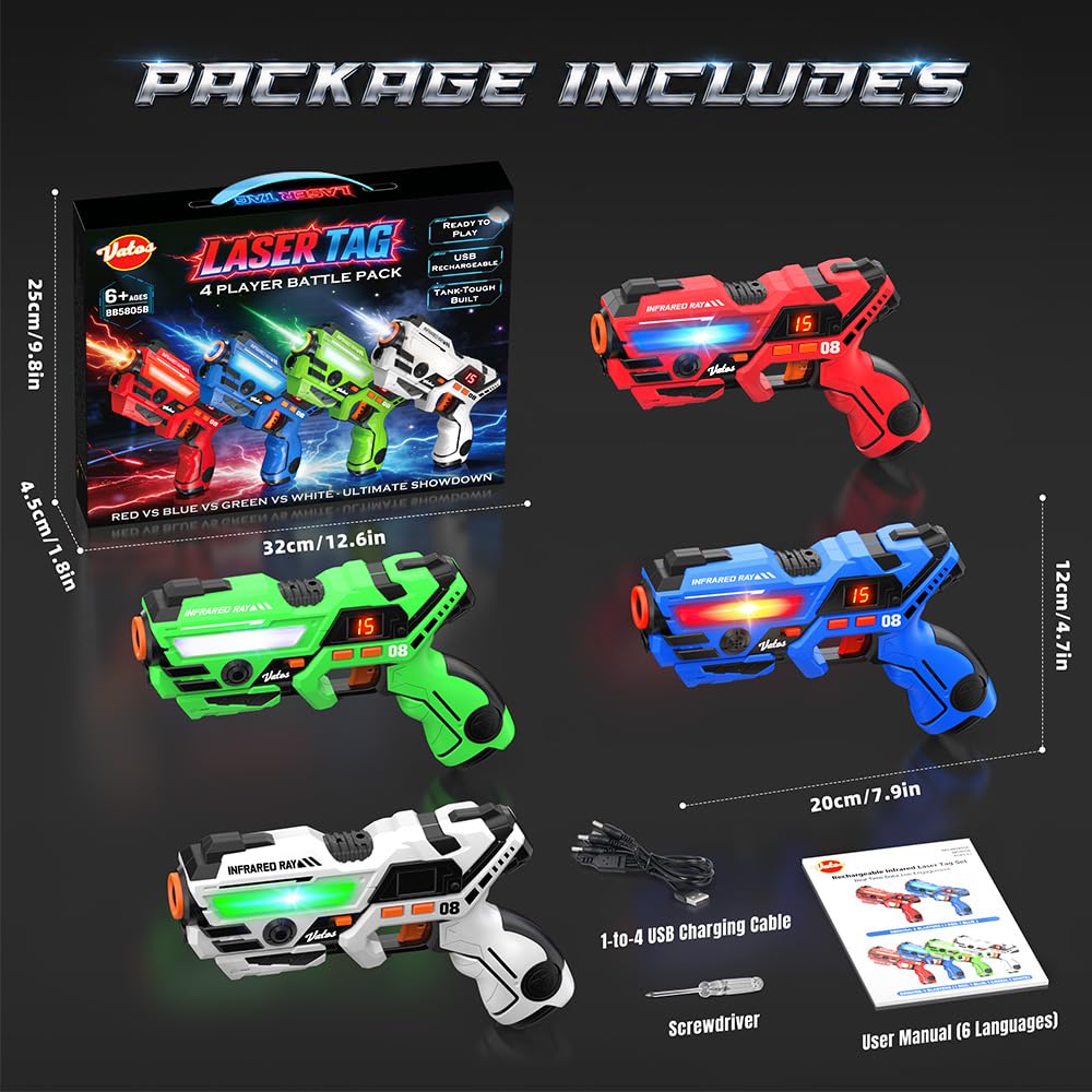 VATOS Set Laser Tag Ricaricabile 4 Pezzi, Giocattoli Pistola Laser con Schermo LED, Raggio 40 m per Interni ed Esterni - Gioco per Ragazzi e Famiglia, Regalo di Compleanno e Vacanza per Bambini 6+