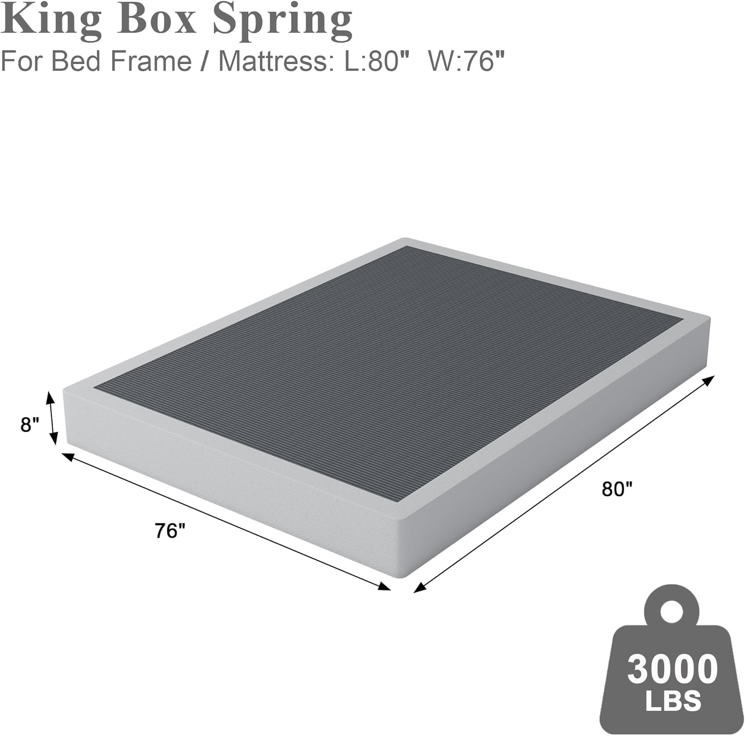 King Box Spring 8 Inch - Heavy Duty Box Spring Mattress Foundation Metal Bed Base with Fabric Cover, Noise Free Easy Assembly Non Slip 3000lbs Max